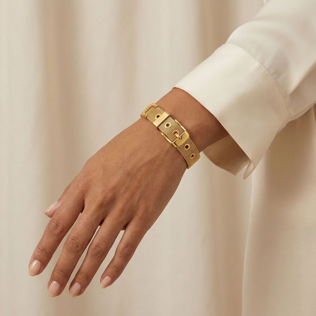 Mesh gold-plated bracelet with youthful adult-hand styling