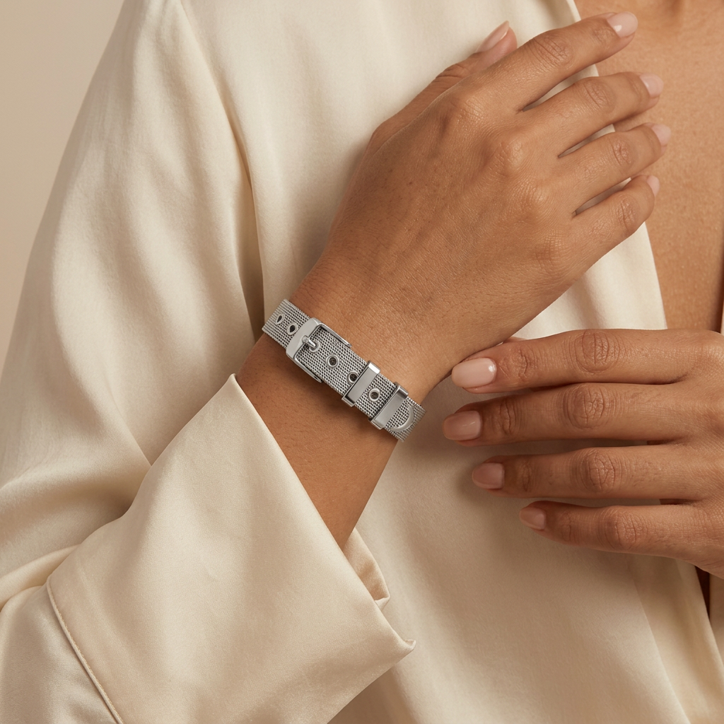 Mesh stainless steel bracelet in the raised-wrist pose