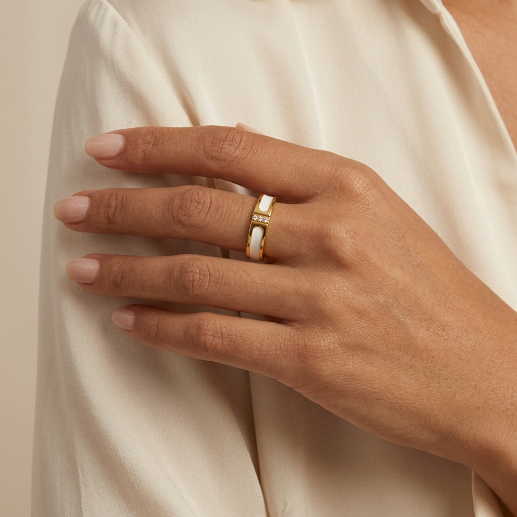 Nacre ring worn on a hand